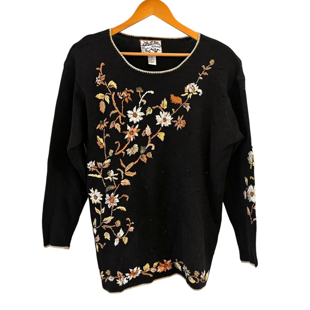 Vintage‎ 90s Heirloom Collectibles Floral Embroidered Beaded Knit Sweater Size L